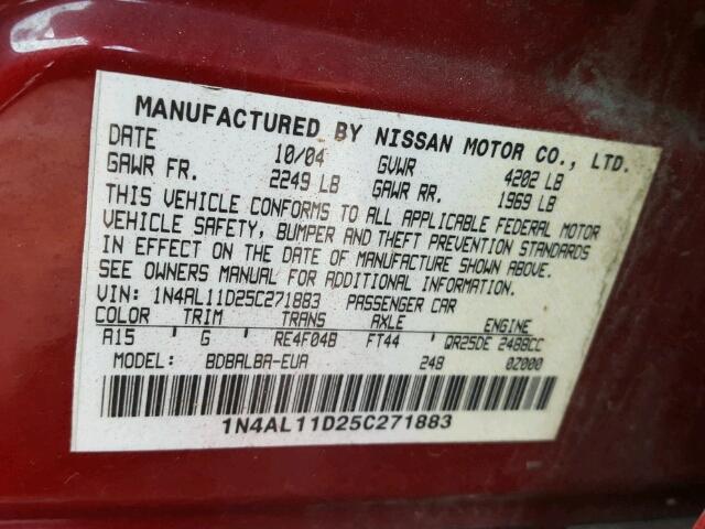 1N4AL11D25C271883 - 2005 NISSAN ALTIMA S RED photo 10