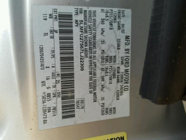 5LMFU27567LJ22309 - 2007 LINCOLN NAVIGATOR Күміс фото 10