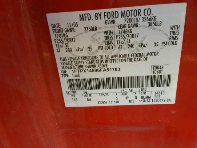 1FTPX14596FA51783 - 2006 FORD F150 RED photo 10