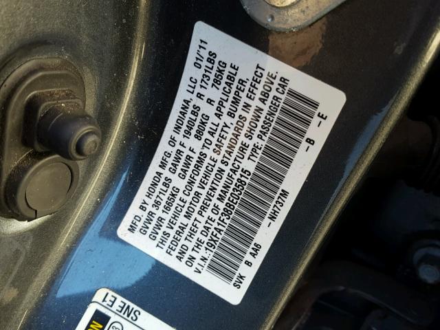 19XFA1F38BE035815 - 2011 HONDA CIVIC VP GRAY photo 10