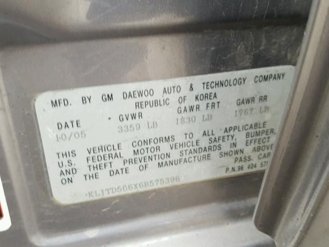 KL1TD566X6B575396 - 2006 CHEVROLET AVEO BASE GRAY photo 10