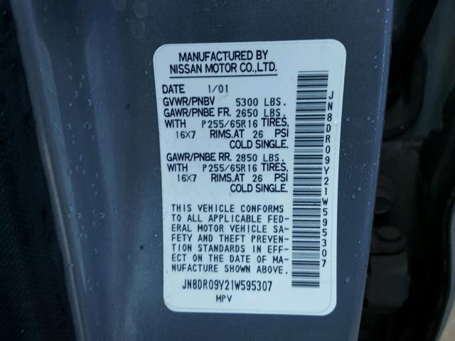 JN8DR09Y21W595307 - 2001 NISSAN PATHFINDER SILVER photo 10