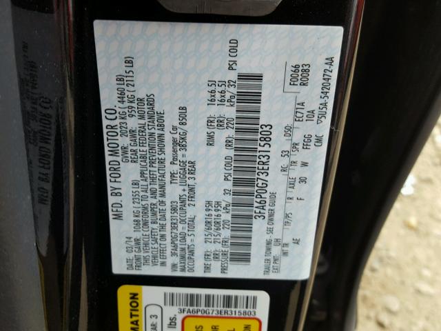 3FA6P0G73ER315803 - 2014 FORD FUSION S BLACK photo 10