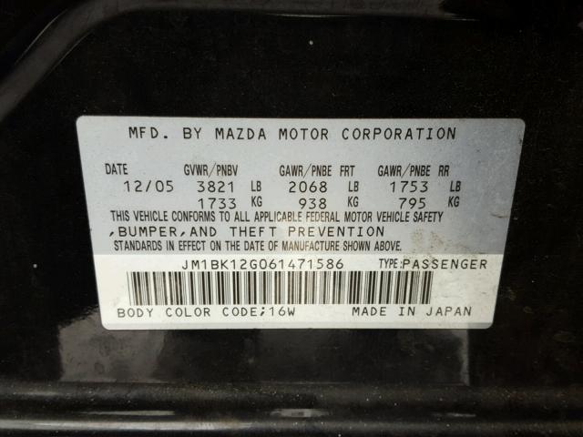 JM1BK12G061471586 - 2006 MAZDA 3 I BLACK photo 10