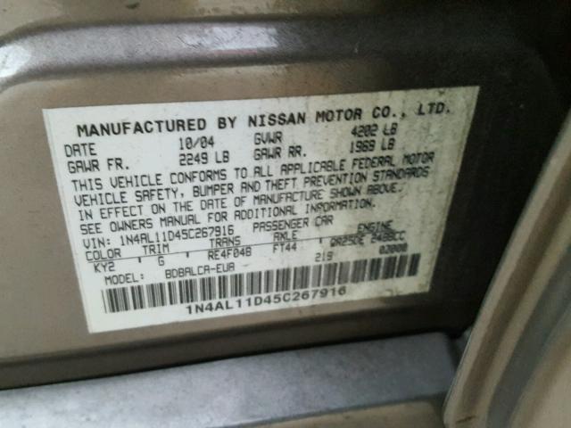 1N4AL11D45C267916 - 2005 NISSAN ALTIMA S GRAY photo 10