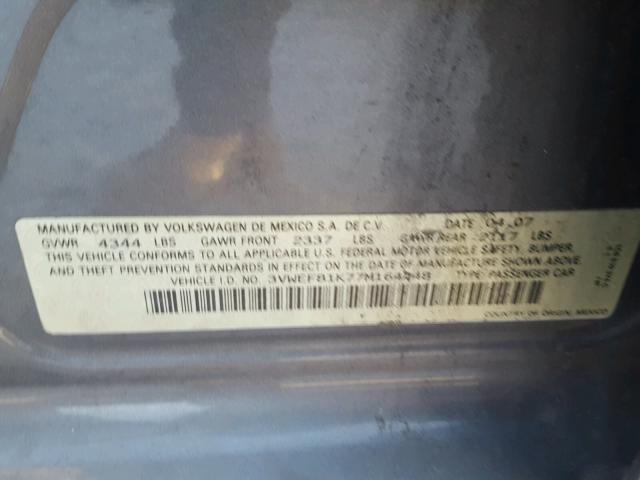 3VWEF81K77M164448 - 2007 VOLKSWAGEN JETTA WOLF GRAY photo 10