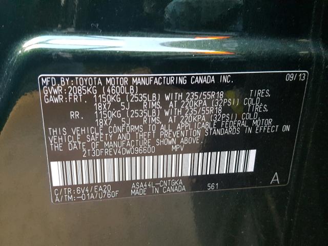 2T3DFREV4DW096600 - 2013 TOYOTA RAV4 LIMIT GREEN photo 10