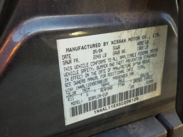 1N4AL11EX5C206126 - 2005 NISSAN ALTIMA S GRAY photo 10