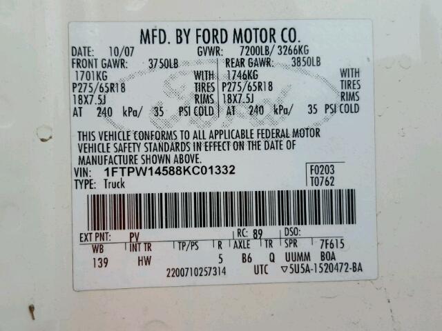 1FTPW14588KC01332 - 2008 FORD F150 SUPER WHITE photo 10