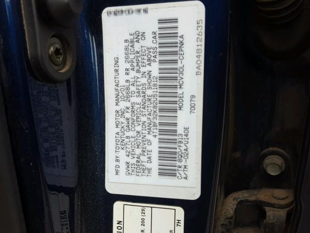 4T1BF32K82U511812 - 2002 TOYOTA CAMRY LE/X BLUE photo 10