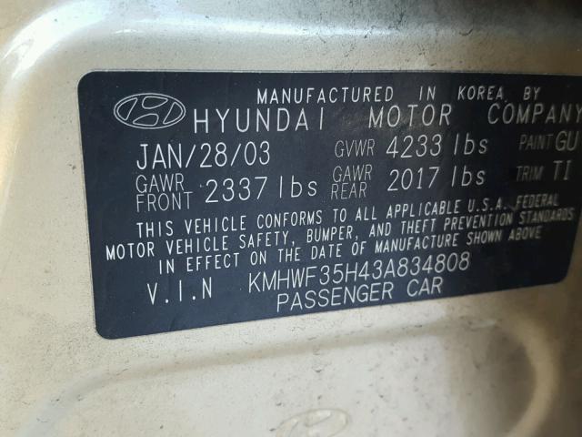 KMHWF35H43A834808 - 2003 HYUNDAI SONATA GLS GOLD photo 10