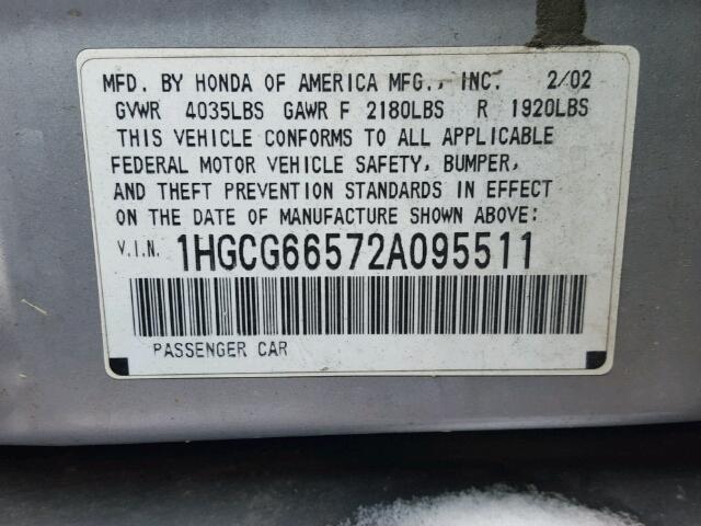 1HGCG66572A095511 - 2002 HONDA ACCORD LX SILVER photo 10