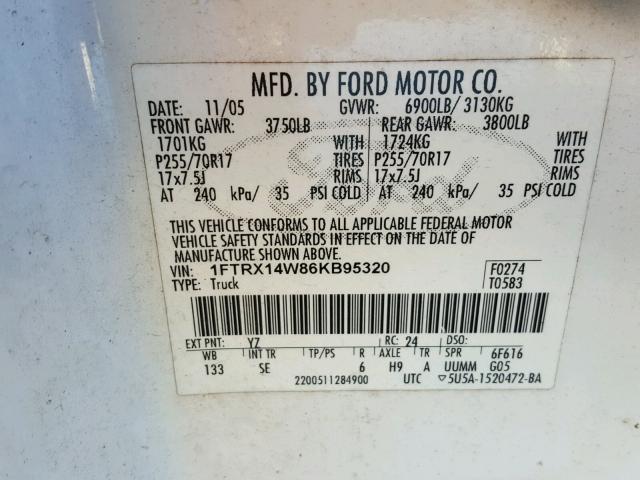 1FTRX14W86KB95320 - 2006 FORD F150 WHITE photo 10