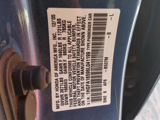 1HGFA16596L041199 - 2006 HONDA CIVIC LX BLUE photo 10