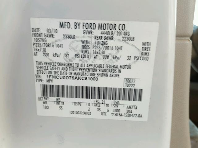 1FMCU0D76AKC61000 - 2010 FORD ESCAPE XLT WHITE photo 10