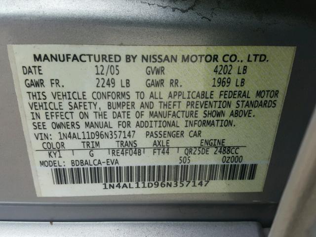 1N4AL11D96N357147 - 2006 NISSAN ALTIMA S SILVER photo 10