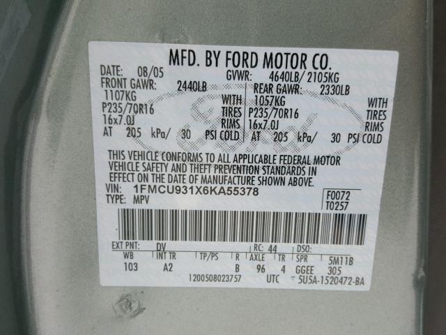 1FMCU931X6KA55378 - 2006 FORD ESCAPE XLT GREEN photo 10