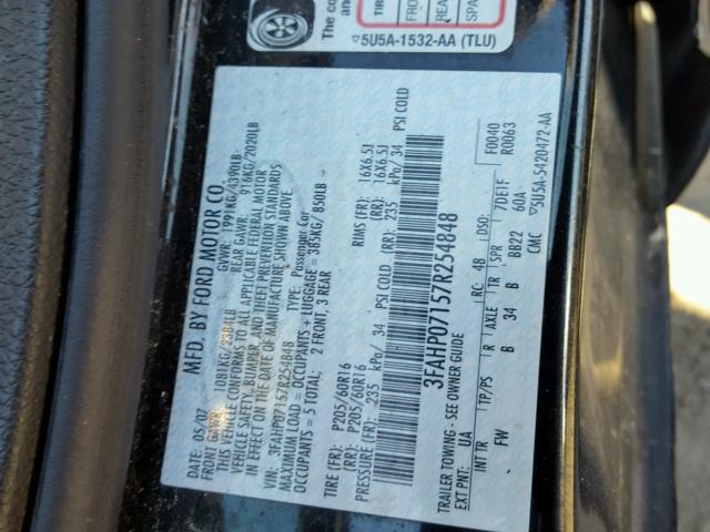 3FAHP07157R254848 - 2007 FORD FUSION SE BLACK photo 10