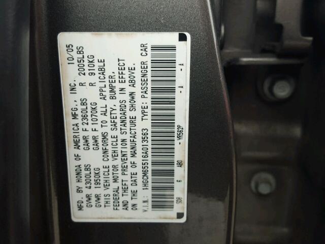 1HGCM65516A013563 - 2006 HONDA ACCORD EX GRAY photo 10