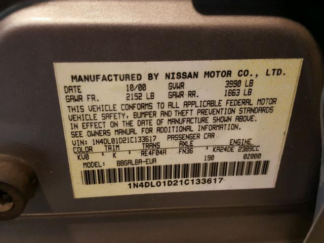 1N4DL01D21C133617 - 2001 NISSAN ALTIMA XE GRAY photo 10