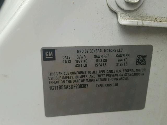 1G11B5SA3DF238387 - 2013 CHEVROLET MALIBU LS 白色 照片 10