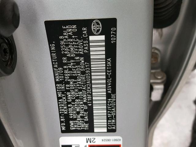 4T1BF3EK2AU059317 - 2010 TOYOTA CAMRY BASE SILVER photo 10