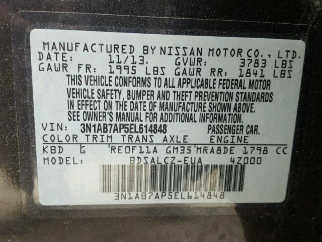 3N1AB7AP5EL614848 - 2014 NISSAN SENTRA S GRAY photo 10