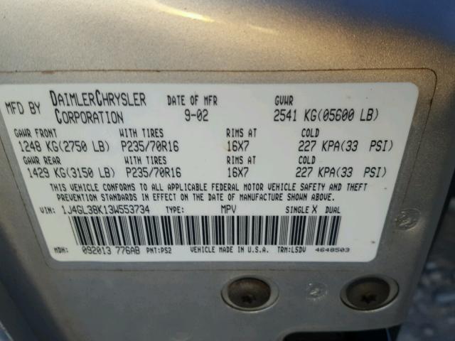 1J4GL38K13W553734 - 2003 JEEP LIBERTY RE SILVER photo 10