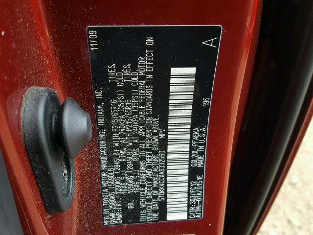 5TDKK4CCXAS332560 - 2010 TOYOTA SIENNA CE RED photo 10