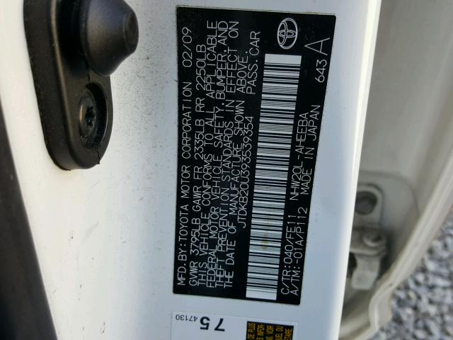 JTDKB20U393539354 - 2009 TOYOTA PRIUS WHITE photo 10