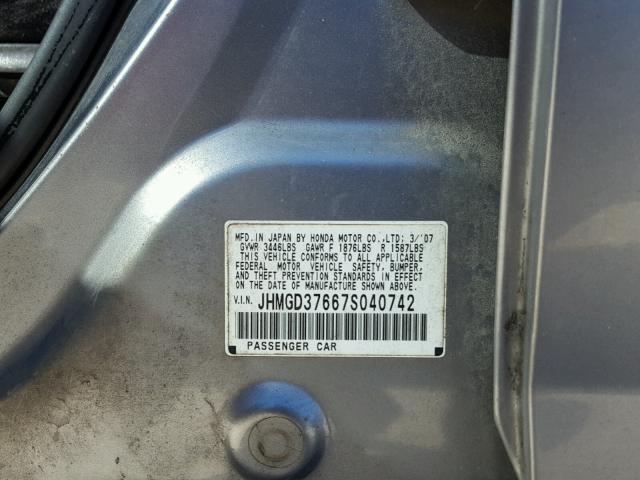 JHMGD37667S040742 - 2007 HONDA FIT S GRAY photo 10