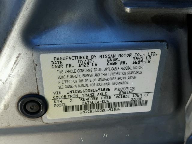 3N1CB51D02L691836 - 2002 NISSAN SENTRA XE SILVER photo 10