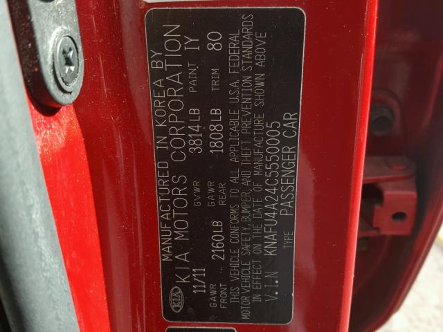 KNAFU4A24C5550005 - 2012 KIA FORTE EX RED photo 10