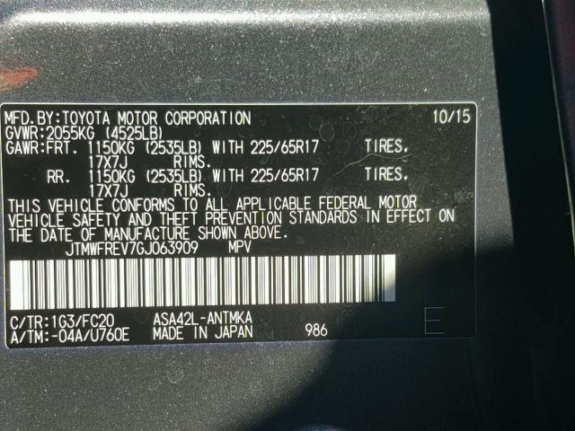 JTMWFREV7GJ063909 - 2016 TOYOTA RAV4 XLE GRAY photo 10