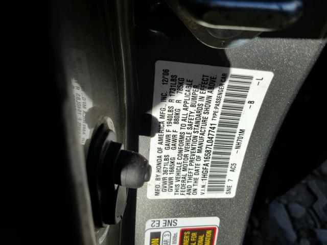 1HGFA16587L047741 - 2007 HONDA CIVIC LX GRAY photo 10