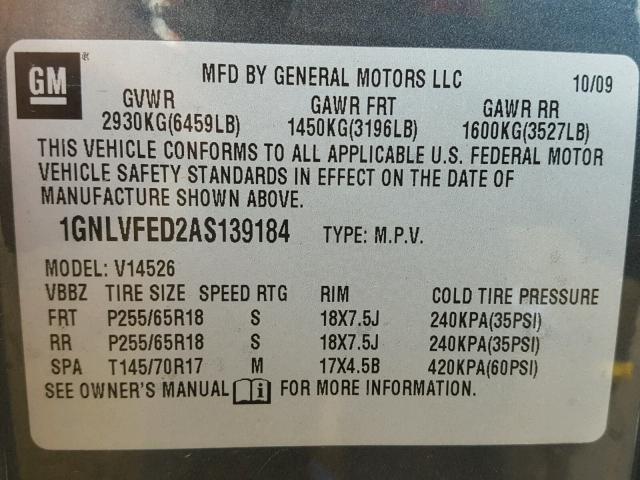 1GNLVFED2AS139184 - 2010 CHEVROLET TRAVERSE L CHARCOAL photo 10