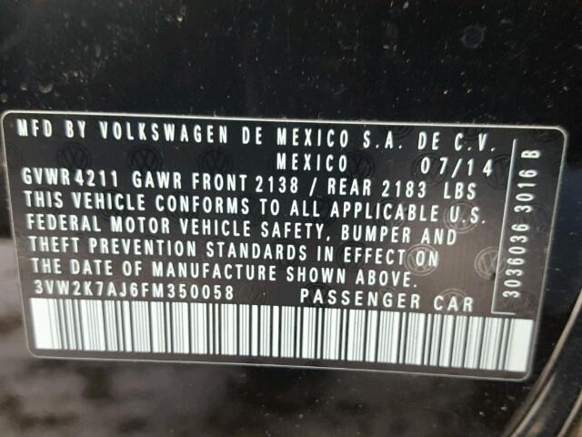 3VW2K7AJ6FM350058 - 2015 VOLKSWAGEN JETTA BASE BLACK photo 10