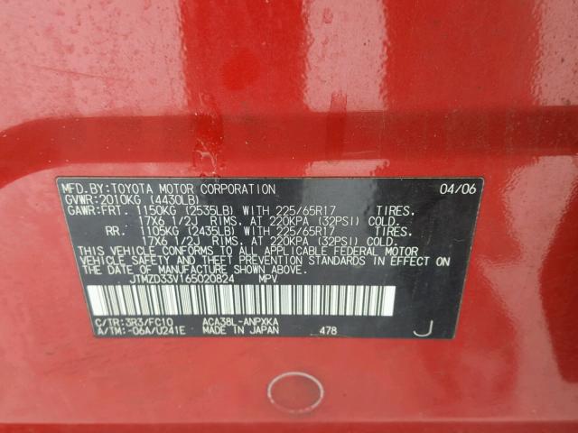 JTMZD33V165020824 - 2006 TOYOTA RAV4 RED photo 10