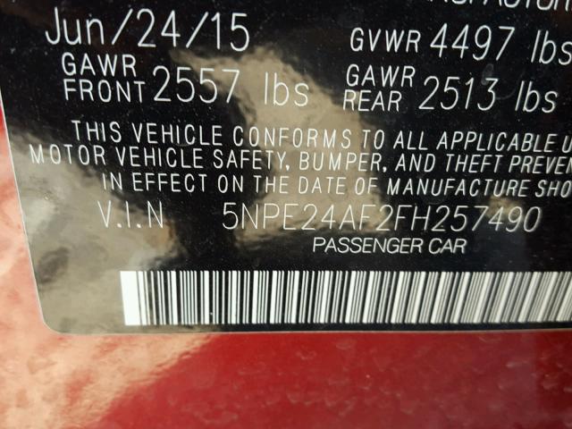 5NPE24AF2FH257490 - 2015 HYUNDAI SONATA SE BURGUNDY photo 10