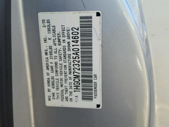 1HGCM72325A014602 - 2005 HONDA ACCORD LX SILVER photo 10