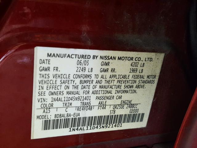 1N4AL11D45N921401 - 2005 NISSAN ALTIMA S RED photo 10