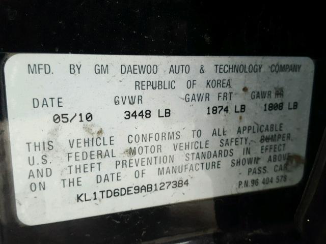 KL1TD6DE9AB127384 - 2010 CHEVROLET AVEO LS BLACK photo 10