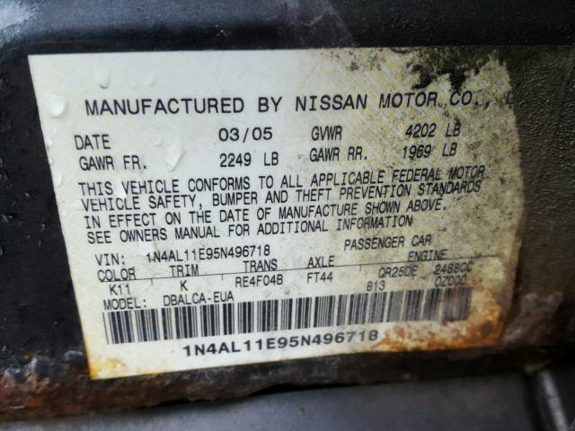 1N4AL11E95N496718 - 2005 NISSAN ALTIMA S CHARCOAL photo 10