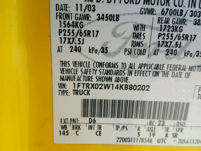 1FTRX02W14KB80202 - 2004 FORD F150 YELLOW photo 10