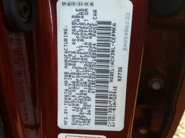 4T1BE32K23U188524 - 2003 TOYOTA CAMRY LE RED photo 10