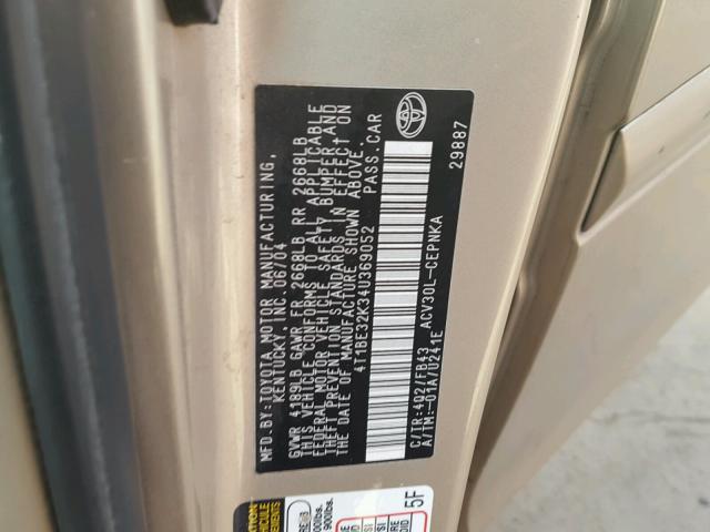 4T1BE32K34U369052 - 2004 TOYOTA CAMRY LE ოქროსფერი ფოტო 10