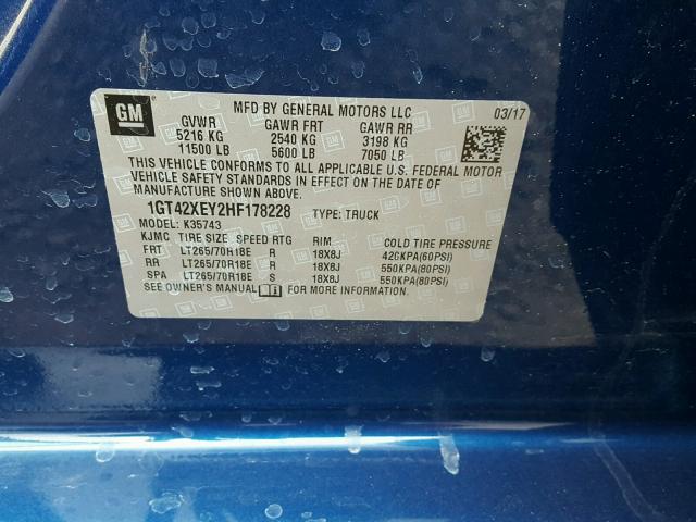 1GT42XEY2HF178228 - 2017 GMC SIERRA K35 BLUE photo 10