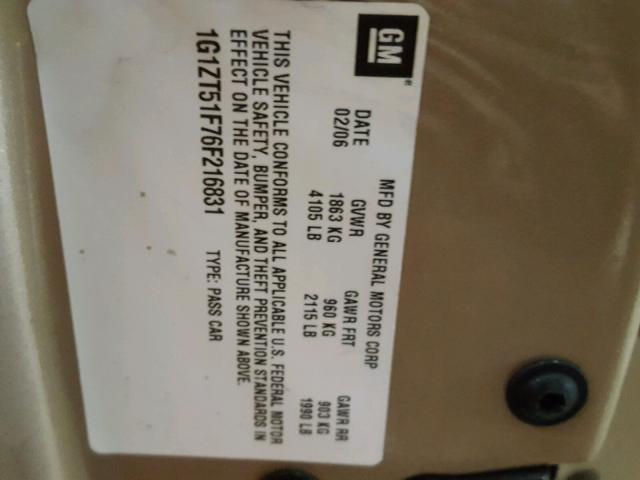 1G1ZT51F76F216831 - 2006 CHEVROLET MALIBU LT GOLD photo 10