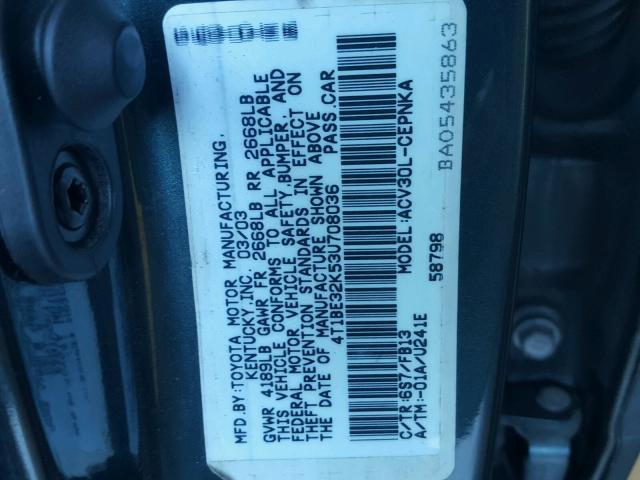 4T1BE32K53U708036 - 2003 TOYOTA CAMRY LE GREEN photo 10