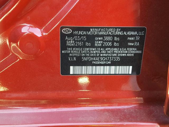 5NPDH4AE9GH737335 - 2016 HYUNDAI ELANTRA SE RED photo 10